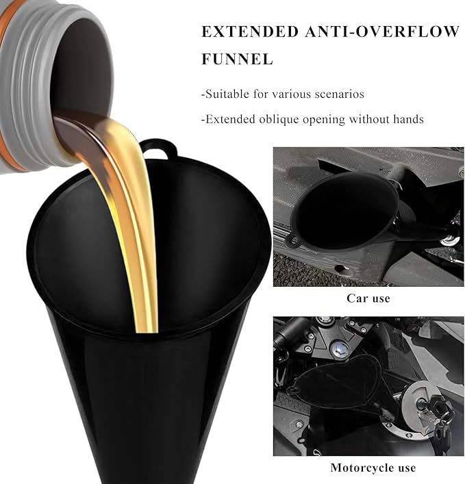 2 PCS Oil Funnel, Multi-Purpose Plastic Long Neck Oil Funnel, Automotive Use Funnels for Filling Oils Lubricants Water Diesel, Kitchen Funnels for Filling Bottles Jars (Black, L+S)