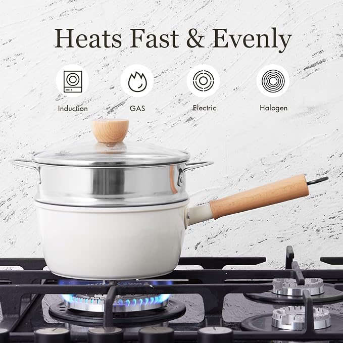 ROCKURWOK Ceramic Nonstick Sauce Pan with Lid, 2 Quart Cooking Pot, Small Saucepan with Steamer, PTFE & PFAS-Free, Wooden Handle for Cool Touch, Universal Base(Gas, Electric & Induction), White - Image 6