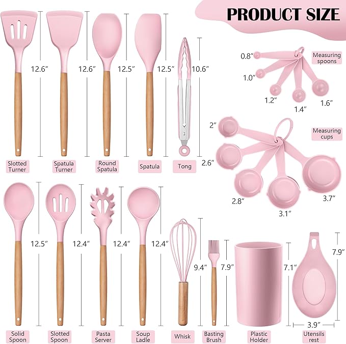 HaWare Kitchen Cooking Utensils Set, 23-Piece Silicone Kitchen Utensils Spatula Set with Holder, Heat Resistant Wooden Handle Kitchen Gadget for Nonstick Cookware, Food-grade Turner Spoon Sets (Pink) - Image 2