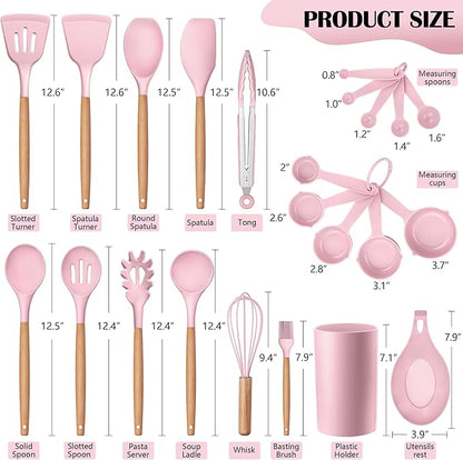 HaWare Kitchen Cooking Utensils Set, 23-Piece Silicone Kitchen Utensils Spatula Set with Holder, Heat Resistant Wooden Handle Kitchen Gadget for Nonstick Cookware, Food-grade Turner Spoon Sets (Pink) - Image 2