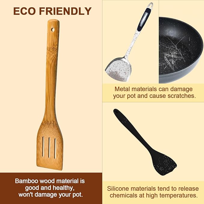 Eisinly Wooden Spoons for Cooking 7-Piece, Kitchen Nonstick Bamboo Cooking Utensils Set, Carbonized Bamboo Durability Spatula Spoon for Everyday Use - Image 6