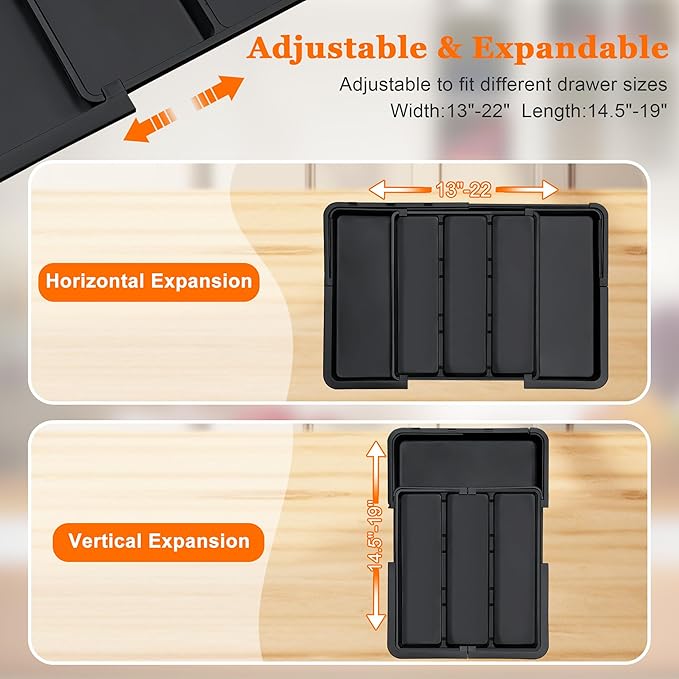 Spaclear Large Utensil Drawer Organizer Expandable Silverware Organizer for Kitchen Drawer Adjustable Cooking Utensil Holder Cutlery Flatware Tray Spatula Tools Gadgets Storage Dividers Plastic Black - Image 6