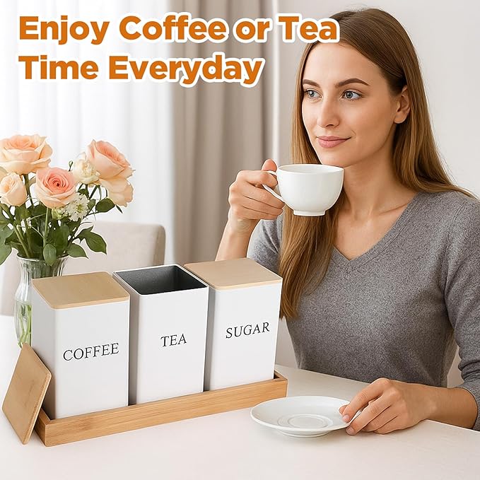 3 Pack Coffee Tea Sugar Container with Tray Airtight Metal Canister with Bamboo Lid Tray for Kitchen Counter Dining Room Farm House Kitchen Style Drink Station Organizer Set(White)