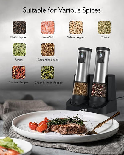 Electric Salt and Pepper Grinder Set, Upgraded 2-Speed Setting, External 5 Adjustable Coarseness, Battery Display Rechargeable Base, Stainless Steel Automatic Salt & Pepper Shakers Mill with LED Light - Image 8