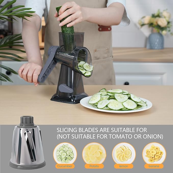 Rotary Cheese Grater with Handle-Versatile Cheese Grater Non-Slip Suction Base,Cheese Shredder & Food Slicer for Cheese,Carrots, Cucumbers,Nuts-Compact & Easy Clean Kitchen Kitchen Tool (Gray)