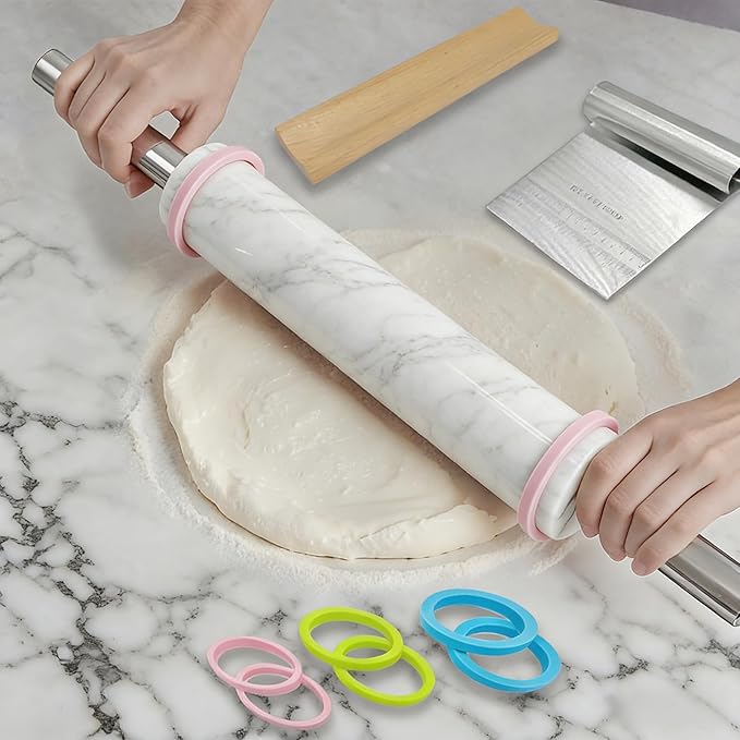 White Marble Rolling Pin with Stainless Steel Handles Baking Set - Silicone Baking Mat, Stainless Steel Dough Cutter, 3 Multicolor Thickness Guides & Wooden Base, Ideal for Pastry, Dough & Pizza - Image 2