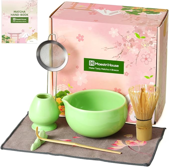 Maestri House Matcha Whisk Set, 7-Pc Complete Matcha Kit with Spouted Ceramic Bowl, Bamboo Whisk and Holder, Scoop, Spoon Rest & Sifter, Tea Cloth – Ideal Gift for Matcha Lovers (Green) by MaestriHouse