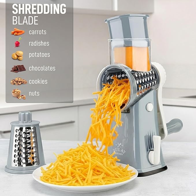 Zulay Kitchen Rotary Cheese Grater 5 Blade Cheese Shredder - Manual Hand Crank Cheese Grater With Reinforced Suction & 5 Interchangeable Drums - Easy to Use, Vegetable Chopper Round Mandoline Slicer - Image 3
