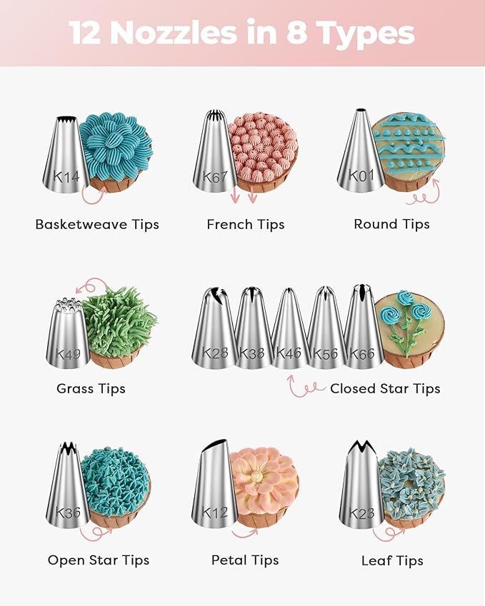 Kootek 71PCs Cake Decorating Kit, Baking Supplies Tools - Includes Cake Stand Turntable, 12 Icing Piping Tips Set, 2 Frosting Spatulas, 3 Scrapers, 50+2 Piping Bags, Coupler, Video Tutorial, Booklet - Image 2