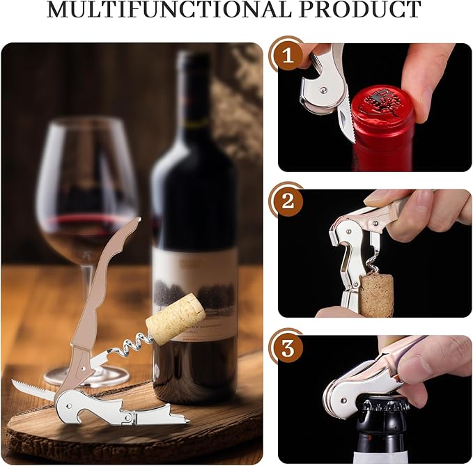 HYZ 2-Pack Wine Opener Waiter Corkscrew, Professional Wine Key for Servers, Bartender with Foil Cutter, Manual Wine Bottle Opener Double Hinged (Dark Pink) - Image 6