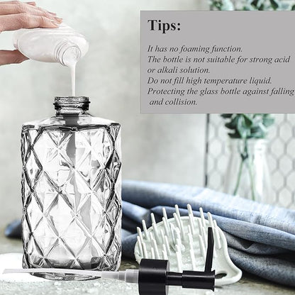 12Oz Small Glass Soap Dispenser with Black Plastic Pump, Clear Refillable Kitchen Countertop Liquid Hand Soap Dispensers with Diamond Design, Crystal Bathroom Lotion Bottle for Dispense Dish Soap