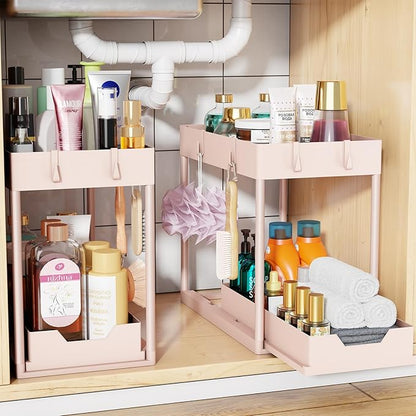 Simple Trending Under Sink Organizer 2 Pack, Sink Pull-Out Sliding Storage Cabinet, 2-Tier Under Shelf Organizer for Kitchen Bathroom, Pink by SimpleTrending