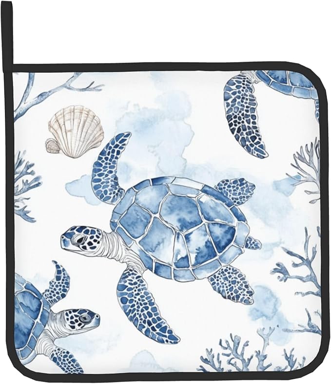 Navy Blue Ocean Sea Turtle Oven Mitts and Pot Holders Sets of 2 Summer Gift for Cooking Enthusiasts Coastal Beach Nautical Coral Kitchen Gloves for Baking BBQ Cooking Grilling Decor - Image 9