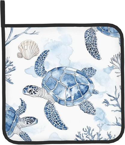 Navy Blue Ocean Sea Turtle Oven Mitts and Pot Holders Sets of 2 Summer Gift for Cooking Enthusiasts Coastal Beach Nautical Coral Kitchen Gloves for Baking BBQ Cooking Grilling Decor - Image 9