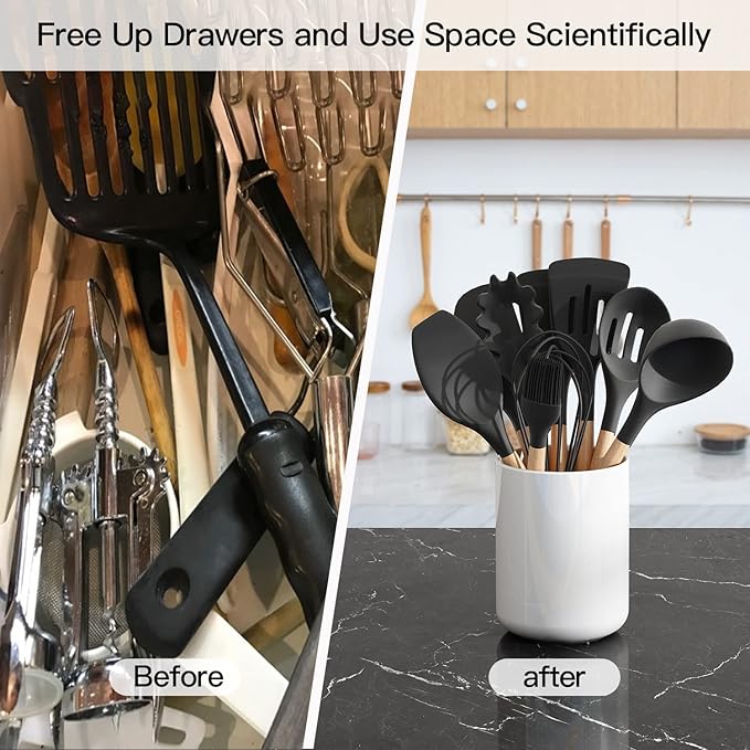 LATCHHOOK White Large Utensil Holder for Kitchen Counter, High 7.2” Glossy Ceramic Utensils Crock for Countertop, Spatula Cooking Utensil Holder Easy to Clean for Farmhouse 7.2×5.8 INCH - Image 5