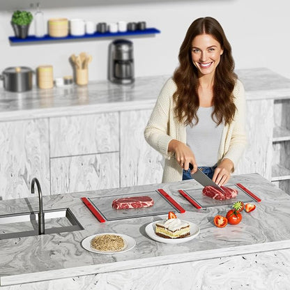Tempered Glass Cutting Board Set for Kitchen Counter - Dishwasher Safe with Juice Grooves, Non-Slip Silicone Edges & Beveled Grip - 16"x12" & 12"x8" Serving Tray (Red-2PCS)