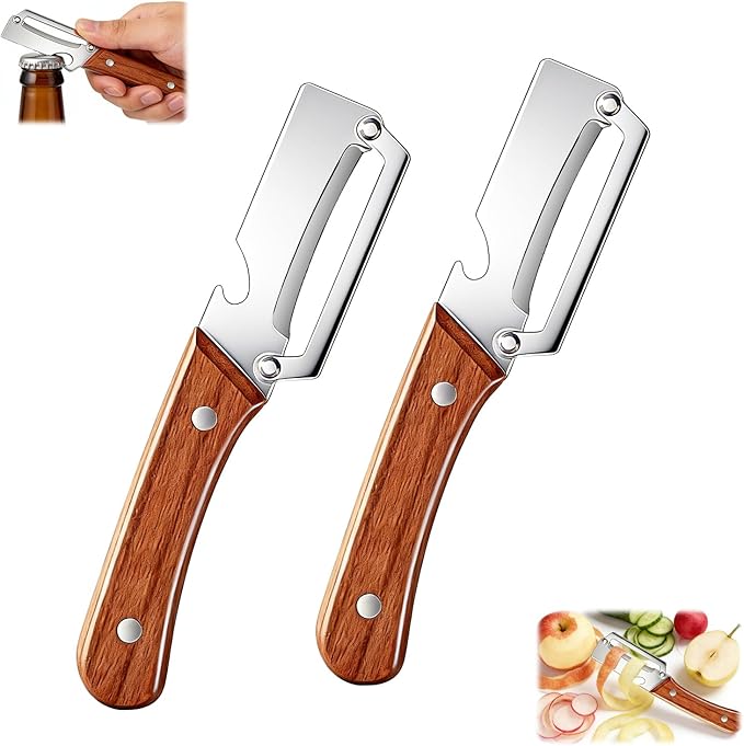 Multi-Functional Vegetable Peeler for Kitchen, With Wooden Handle and Bottle Opener, Comfortable and non-slip handle Stainless Steel Blade Easy to Clean for Fruit Potato Pumpkin Papaya (2 PCS) by Unknown