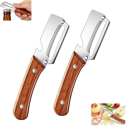 Multi-Functional Vegetable Peeler for Kitchen, With Wooden Handle and Bottle Opener, Comfortable and non-slip handle Stainless Steel Blade Easy to Clean for Fruit Potato Pumpkin Papaya (2 PCS) by Unknown