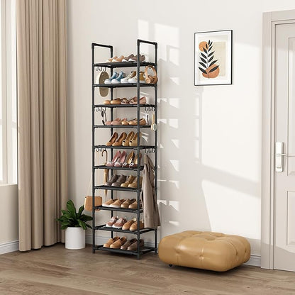 VTRIN 10 Tiers Tall Shoe Rack Holds 20-25 Pairs of Shoes Sturdy Vertical Shoe Organizer with 18pcs Hooks Stackable Narrow Shoe Rack for Closet, Entryway Black - Image 7