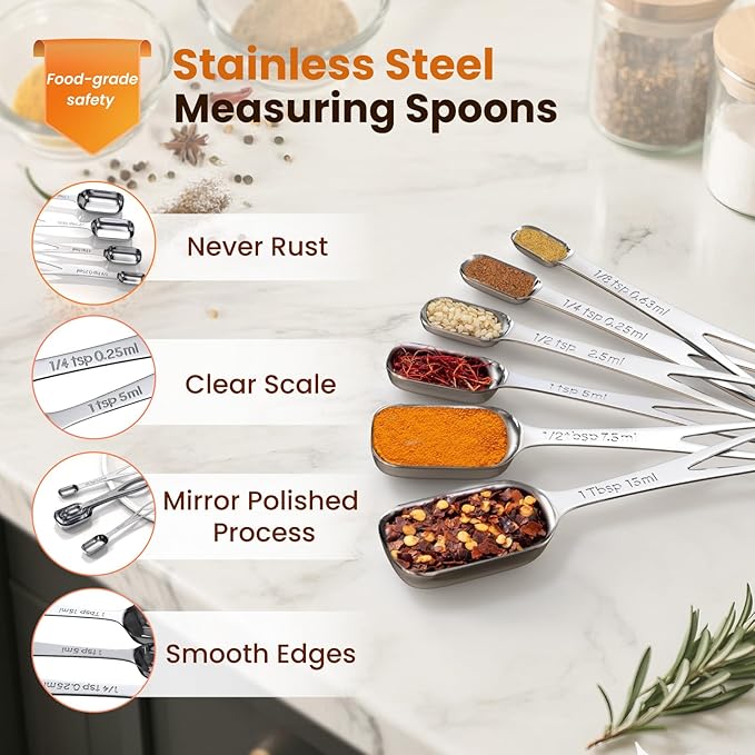 6PCS Narrow Measuring Spoons Set, Stainless Steel Measuring Spoon Fits in Spice Jars, Metal Teaspoon Measuring Spoons, Rectangular Tablespoon, Long Measuring Spoons for Dry & Liquid Ingredients - Image 6
