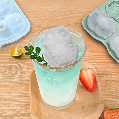 Cute Owl Ice Cube Mold, Owl Shapes Ice Cube Tray, Silicone Ice Mold Fun Shapes, Make 4 Large Owl Ice Balls for Whiskey Cocktails Drinks, Green