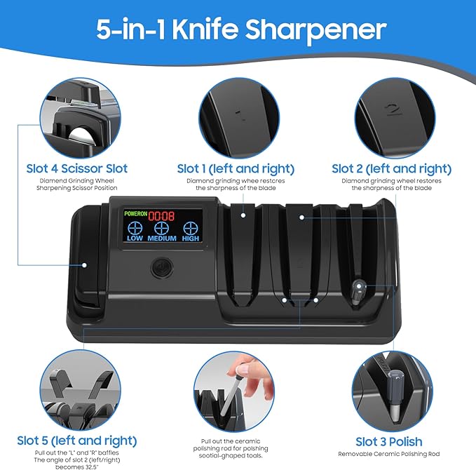 5-in-1 Electric Knife Sharpener for Kitchen Knives, with 100% Diamond Abrasives, 3 Adjustable Speeds, Quickly Sharpening for Straight/Serrated/Kitchen Knives, Scissors - Image 2