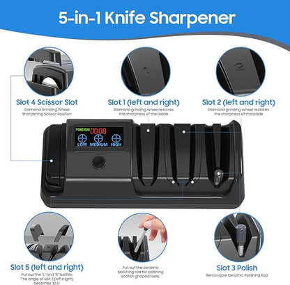 5-in-1 Electric Knife Sharpener for Kitchen Knives, with 100% Diamond Abrasives, 3 Adjustable Speeds, Quickly Sharpening for Straight/Serrated/Kitchen Knives, Scissors - Image 2