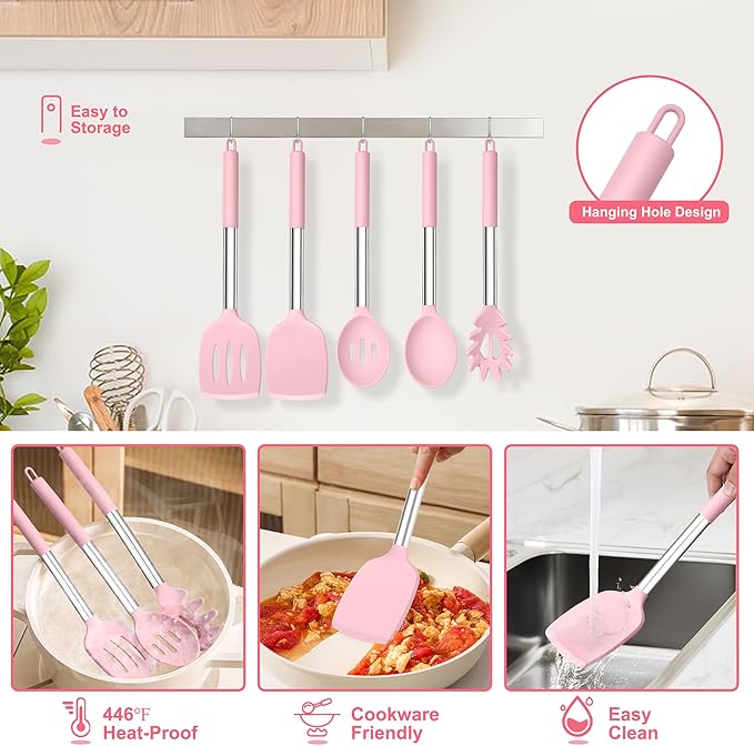 TeamFar Cooking Utensils Set, 5 PCS Silicone Kitchen Utensils with Stainless Steel Handle for Nonstick Cookware Turning Flipping Frying Draining, Heatproof & Healthy, Nonstick & Easy Clean, Pink - Image 6