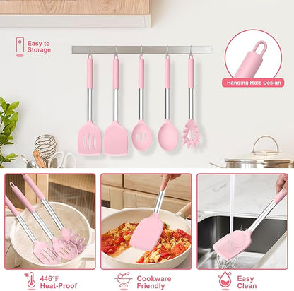 TeamFar Cooking Utensils Set, 5 PCS Silicone Kitchen Utensils with Stainless Steel Handle for Nonstick Cookware Turning Flipping Frying Draining, Heatproof & Healthy, Nonstick & Easy Clean, Pink - Image 6