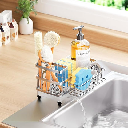 Consumest Sponge Holder for Kitchen Sink - Auto Draining Sink Caddy Organizer with Detachable Rack, High Brush Holder, Kitchen Countertop Storage Accessories, Silver - Image 8