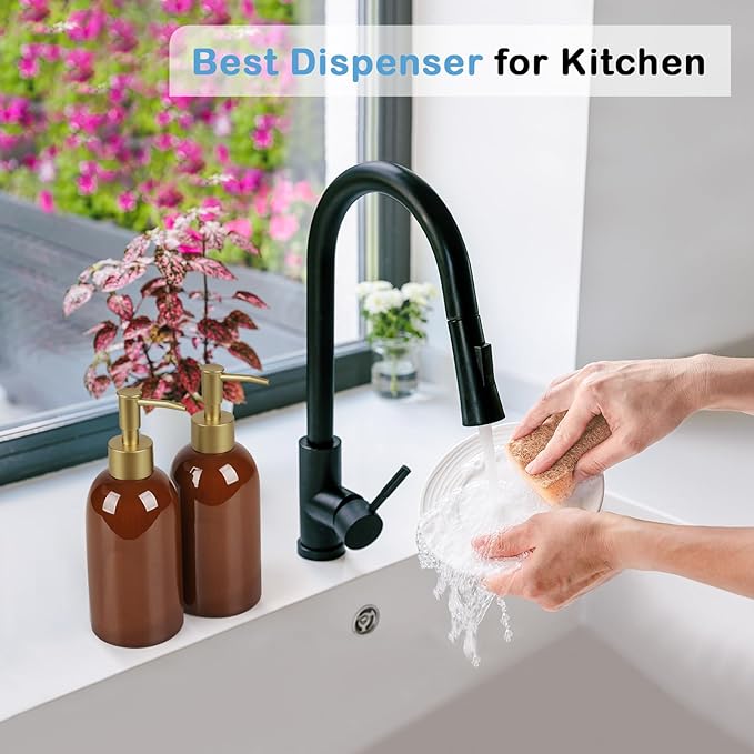 Natheeph 14OZ Ceramic Soap Dispenser Ceramic Soap Pump Dispenser Can Fill Liquid for Bathroom/Kitchen (2PC Brown) - Image 4