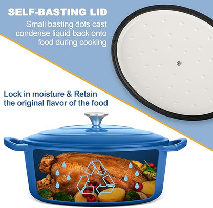 E-far 5QT Oval Dutch Oven Pot with Lid, Enameled Cast Iron Dutch Oven with Dual Handles for Sourdough Bread Baking Cooking, Nonstick Enamel Coated Cookware(Blue), Non-Toxic & Easy Clean