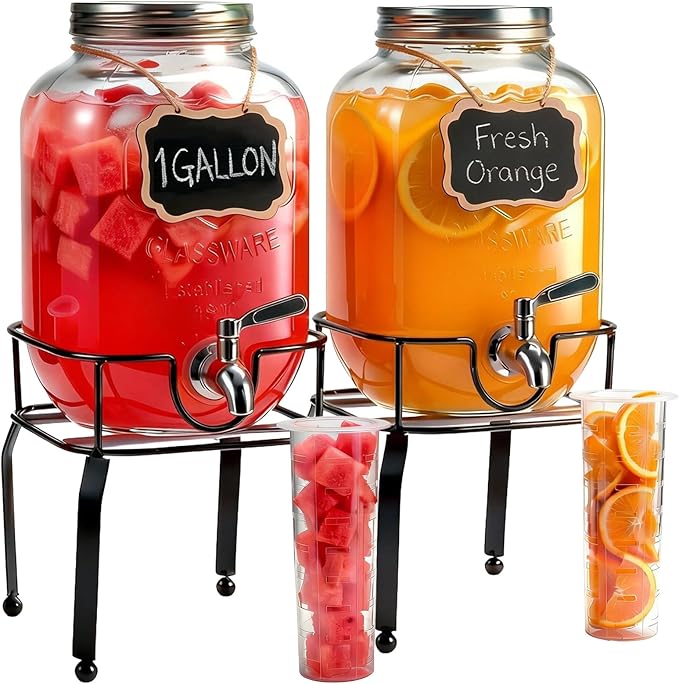 2 Pack1 Gallon Glass Drink Dispensers For Parties,Beverage Dispenser with Stand,304 Stainless Steel Spigot Leakproof,Lemonade Dispenser for Sun Tea, Homemade Juice by RuileMei