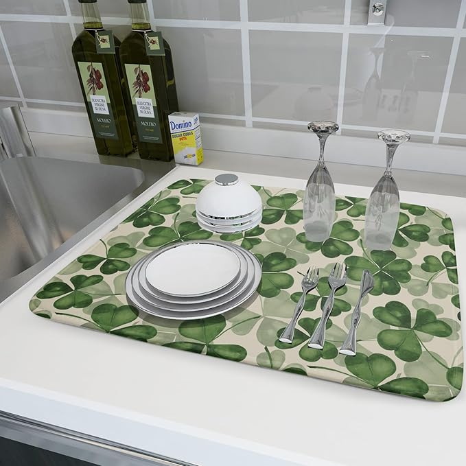 St Patrick's Day Dish Drying Mat for Kitchen Counter 18x24 Saint Patricks Clover Shamrock Green Print Absorbent Reversible Microfiber Drying Mats Kitchen Countertop Protector Dishes Drainer Rack Pad - Image 6
