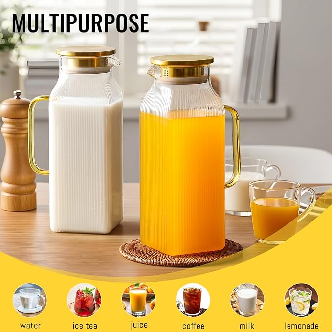 4 Pack 2 Liter/68 oz Square Glass Pitcher with Lid, Classic Stripes Water Pitchers with Handle for Fridge, Large Jug for Iced Tea, Coffee, Borosilicate Glass Carafe for Hot/Cold Brew Drink, Gold - Image 3