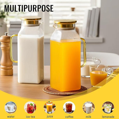 4 Pack 2 Liter/68 oz Square Glass Pitcher with Lid, Classic Stripes Water Pitchers with Handle for Fridge, Large Jug for Iced Tea, Coffee, Borosilicate Glass Carafe for Hot/Cold Brew Drink, Gold - Image 3
