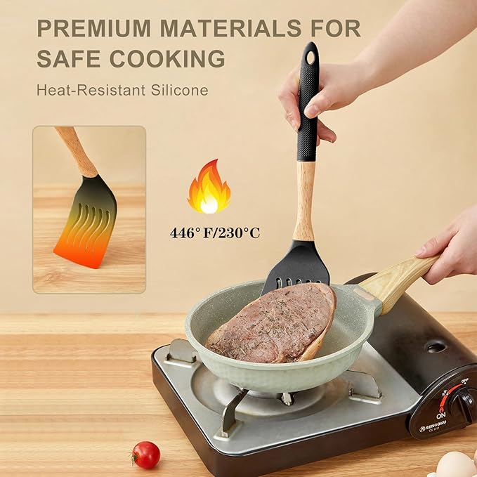 Kitchen Utensils Set - 7 PCS Non-Stick Silicone Cooking Utensils Set Spatula Set with Holder, Wooden Handle Spoon,Tongs,Whisk Kitchen Gadgets Tools Set for Nonstick Cookware (Black-7Max) - Image 3