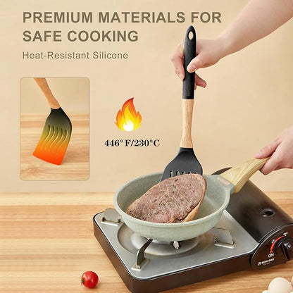 Kitchen Utensils Set - 7 PCS Non-Stick Silicone Cooking Utensils Set Spatula Set with Holder, Wooden Handle Spoon,Tongs,Whisk Kitchen Gadgets Tools Set for Nonstick Cookware (Black-7Max) - Image 3
