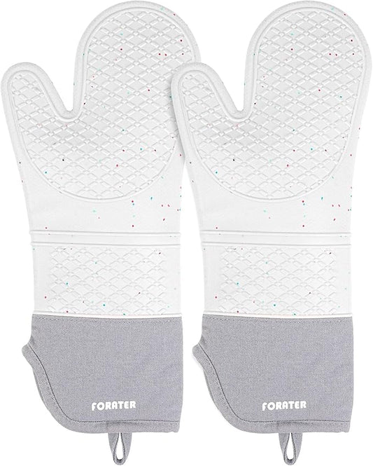 Extra Long Silicone Oven Mitts - Heat Resistant up to 500°F, 15'' Waterproof and Non-Slip Oven Gloves with Soft Quilted Liner - Perfect for BBQ, Cooking, Baking, and Grilling - 1 Pair, Light Grey