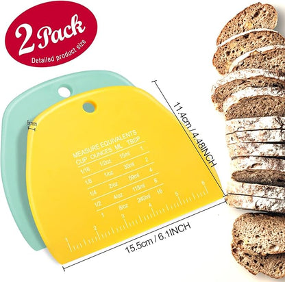 Teenitor 2 Pieces Dough Cutter, Bench Scraper Plastic, Sourdough Scraper, Dough Scraper with Measuring Scale, Multipurpose Food Scrapers for Dough, Cake, Bread, Icing Yellow and Green - Image 2
