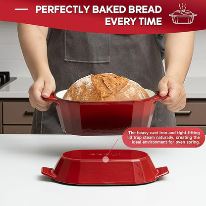 Enameled Cast Iron Sourdough Bread Oven – 3.3QT Dutch Oven for Baking with Lid, Non-Stick Oval Cast Iron Bread Oven for Sourdough-Loaf Cast Iron Bread Pan(Red)