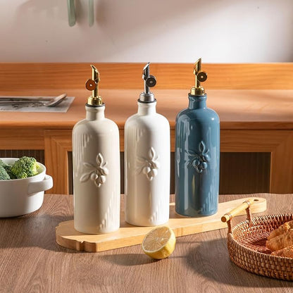 Sweejar Ceramic Olive Oil Dispenser Bottle for Kitchen Counter, 20 oz Oil Dispenser with Spout, Avocado Oil Cruet for EVOO, Vinegar, Oil Container for Cooking, Pack of 1 (Beige)