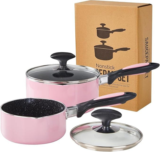 Nonstick Saucepan Set with Lid, Non Stick 1Qt & 2Qt Sauce Pan Set with Glass Lid Small Pot for Home Kitchen by HooJay