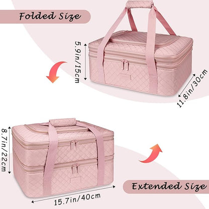 Quilted Double Decker Casserole Carrier - Expandable Dish Carrying Case for Hot or Cold Food, Lasagna Holder for Potluck Parties, Picnic, Beach, Fits 9"×13" Baking Dish (Pink)