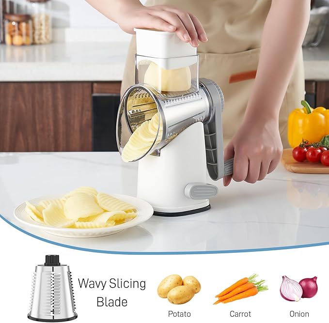 VEKAYA Rotary Cheese Grater Hand Crank with 4 Interchangeable Stainless Steel Blades, Large Manual Handle Shredder and Waffle Slicer for Vegetables, Cheese and Nuts with Table Suction Base(White Grey)