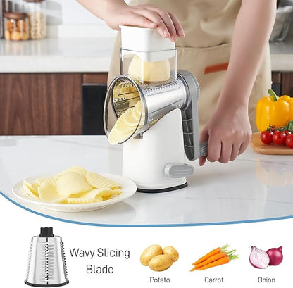 VEKAYA Rotary Cheese Grater Hand Crank with 4 Interchangeable Stainless Steel Blades, Large Manual Handle Shredder and Waffle Slicer for Vegetables, Cheese and Nuts with Table Suction Base(White Grey)