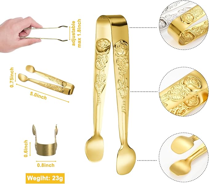 HINMAY 6PCS Mini Serving Tongs 5-Inch Small Rose Sugar Cube Appetizer Tongs, Tiny Metal Tong for Tea Party, Coffee Bar, Desserts (Gold)