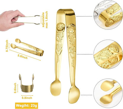 HINMAY 6PCS Mini Serving Tongs 5-Inch Small Rose Sugar Cube Appetizer Tongs, Tiny Metal Tong for Tea Party, Coffee Bar, Desserts (Gold)