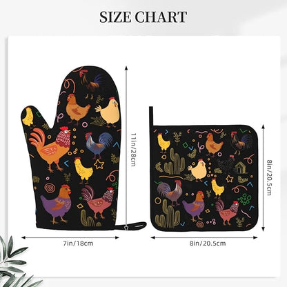 Chicken Silicone Oven Mitts Pan Mats Set of 2, Heat Resistant Gloves Potholder with Non-Slip Grips Hanging Loops Pot Holder, Spring Summer for Chef Cooking, Baking, Grilling, BBQ