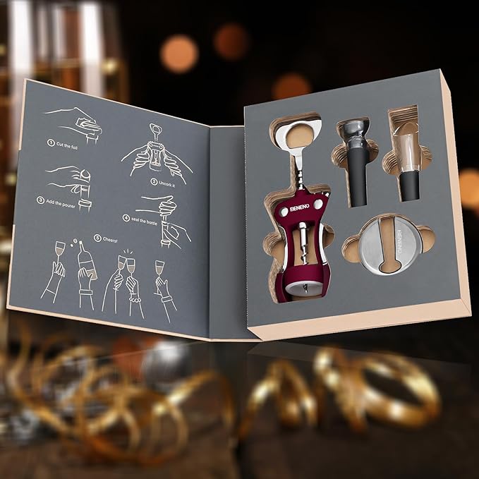 Beneno Multifunctional Wine Bottle Opener Gift Set - Wing Corkscrew, Foil Cutter, Vacuum Stopper & Aerator Pourer, Perfect for Wine Lovers Man Woman, Purple Set - Image 3